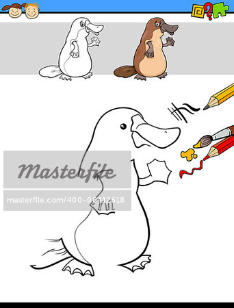 Cartoon Illustration of Drawing and Coloring Educational Task for Preschool Children with Platypus Character