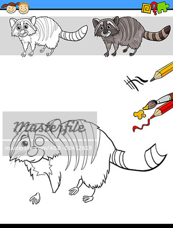 Cartoon Illustration of Finishing Drawing and Coloring Educational Task for Preschool Children with Raccoon Animal Character
