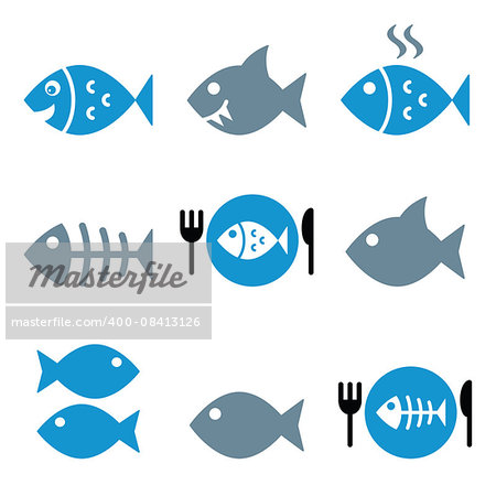 Vector icons set on fish isolated on white