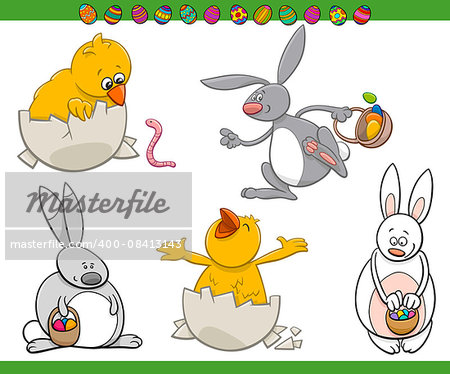 Cartoon Illustration of Bunnies and Chicks Easter Characters