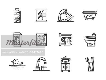 Accessories and furniture for bathroom. Comfortable home interior. Restroom, washing room, WC. Set of black simple line vector icons. Web design elements for business, website and mobile.