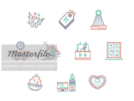 Elements of Christmas and New Year celebrations. New Year in a way, at work, at a ski resort. Color line style vector icons set.  Web design for business, website and mobile.