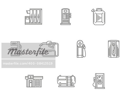 Gas station, objects of fuel and power filling station. Power industry. Set of black flat line vector icons. Elements of web design for business, website or mobile app.