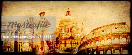 Grunge background with paper texture and landmarks of Italy - volcano Mount Vesuvius, Leaning Tower of Pisa, Colosseum, Michelangelo's David