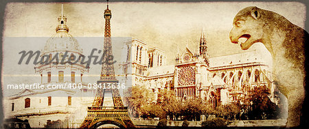 Grunge background with paper texture and landmarks of Paris - Eiffel tower, Les Invalides, Notre Dam de Paris