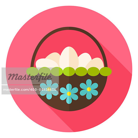 Basket with Flowers full of Eggs Circle Icon. Flat Design Vector Illustration with Long Shadow. Spring Christian Holiday Symbol.