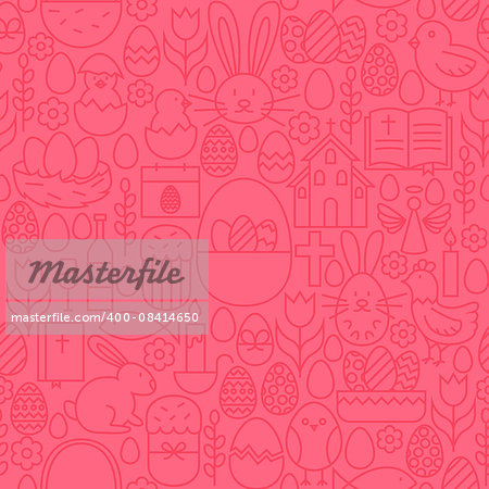 Thin Line Happy Easter Seamless Pink Pattern. Vector Website Design and Seamless Background in Trendy Modern Outline Style. Spring Holiday.