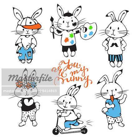 Illustration of funny cartoon Bunnies. Hand-drawn illustration. Vector set.