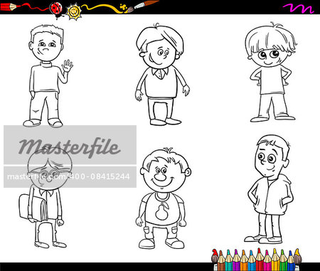 Black and White Cartoon Illustration of School or Preschool Age Boys Children Characters Set for Coloring Book