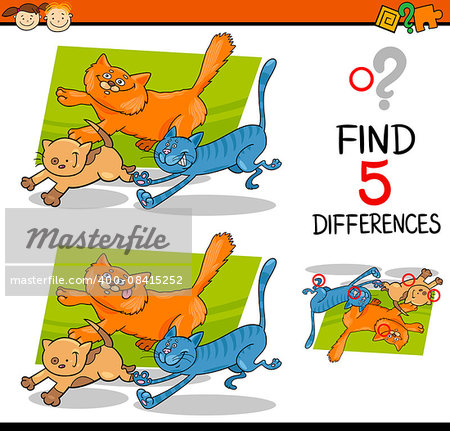 Cartoon Illustration of Finding Differences Educational Task for Preschool Children with Running Cats