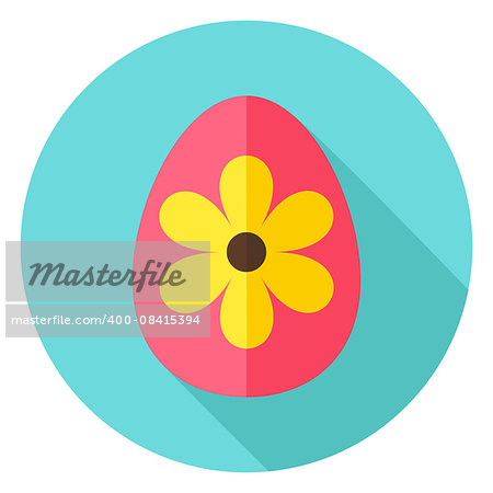 Easter Egg with Big Flower Decor Circle. Flat Design Vector Illustration with Long Shadow. Spring Christian Holiday Symbol.