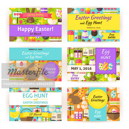 Happy Easter Template Invitation Modern Set. Flat Design Vector Illustration of Brand Identity for Spring Religious Holiday Promotion. Colorful Pattern for Advertising.