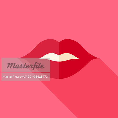 Kiss Sexy Lips Icon. Flat Design Vector Illustration with Long Shadow. Happy Valentine Day and Love Symbol.