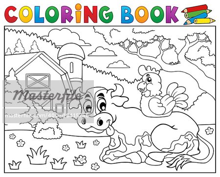 Coloring book cow near farm theme 3 - eps10 vector illustration.