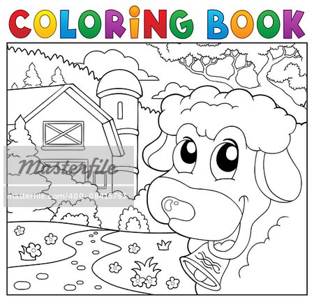 Coloring book lurking sheep near farm - eps10 vector illustration.