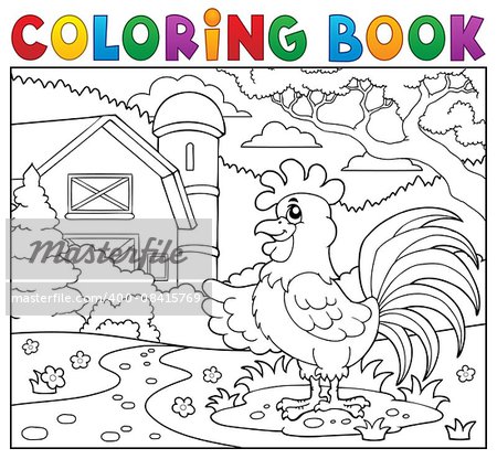 Coloring book rooster near farm - eps10 vector illustration.