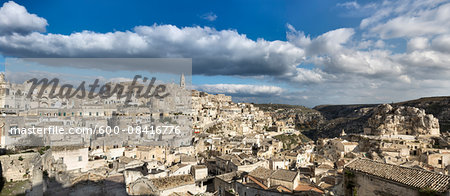 Panoramic view of ancient, Sassi di Matera, one of the three oldest cities in the world, Matera, Basilicata, Italy