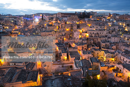 Overview of Sassi di Matera at dusk, one of the three oldest cities in the world, Matera, Basilicata, Italy