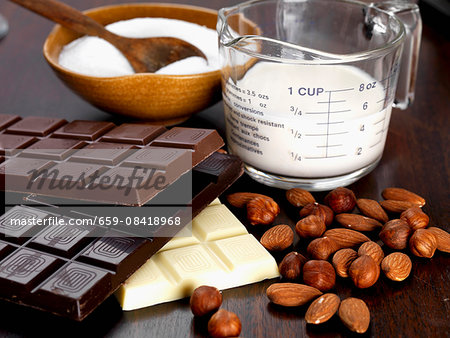 Almonds, hazelnuts, chocolate, sugar and cream