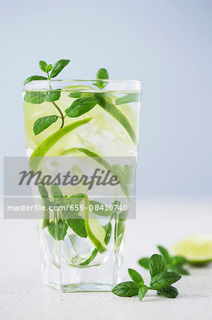 A mojito made with rum, limes, fresh mint and ice A mojito made with rum, limes, fresh mint and ice