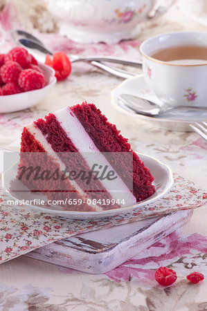 A slice of chocolate sponge cake with raspberry cream