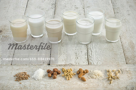 Various types of lactose-free milk in glasses