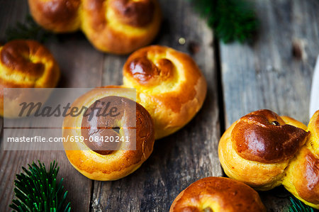 Classical Swedish saffron buns with raisins