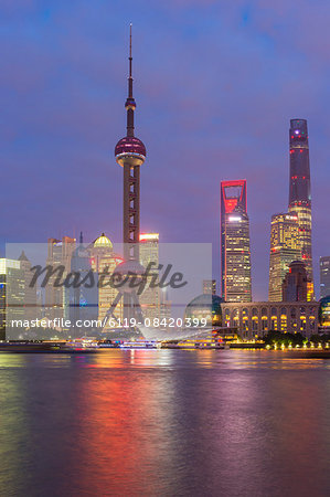 Pudong financial district skyline at night, Shanghai, China, Asia