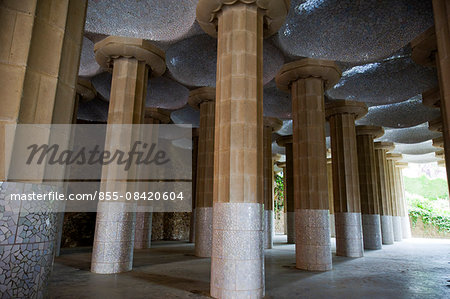 Hypostyle Hall in Guell Park, by Antoni Gaudi, Barcelonia, Catalonia, Spain, Europe