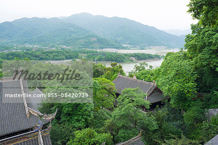 Min river(Min jiang) view from Erwang temple(Erwangmiao), Park of the Dujiangyan irrigation project, Dujiangyan city, Sichuan Province, PRC