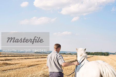 Rear view of man training white horse horse in field