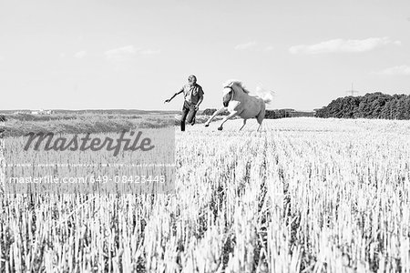 B&W image of man training galloping horse in field