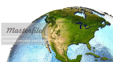 North America on highly detailed planet Earth with embossed continents and country borders. Elements of this image furnished by NASA.