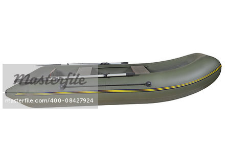 Inflatable rubber rowing boat green color, complete with oars, isolated image on white background. Pvc inflatable boat for fishing, hunting, walking on water, and sports.