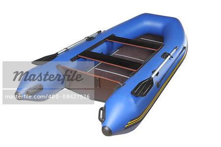 Dark blue, sport inflatable boat for recreation and fishing, with oars, plywood floors and mahogany seats, isolated image on white background.