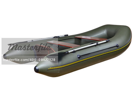 Dark green inflatable rubber boat for fishing and hunting, with two seats, two-person seat made of plywood mahogany pair of oars, the mounting location for the motor. No body, no people. Isolated image on white background.