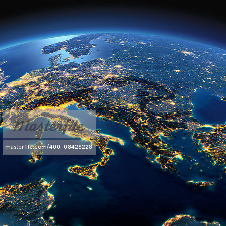 Night planet Earth with precise detailed relief and city lights illuminated by moonlight. Italy, Greece and the Mediterranean Sea. Elements of this image furnished by NASA
