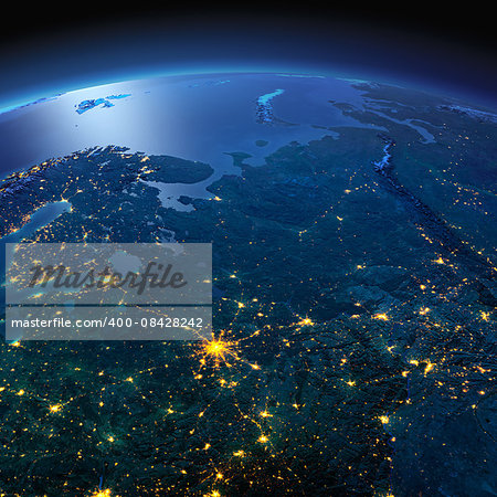 Night planet Earth with precise detailed relief and city lights illuminated by moonlight. European part of Russia. Elements of this image furnished by NASA