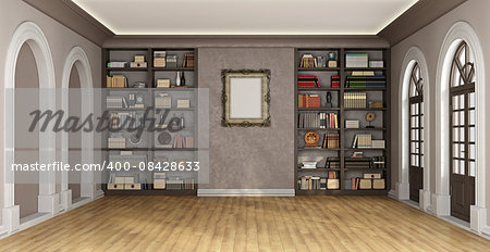 Luxury living room with large bookcase full of books and objects - 3D Rendering