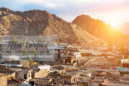 Sunset view of Leh city in falls, the town is located in the Indian Himalayas at an altitude of 3500 meters, North India