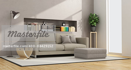 modern living room with sofa, footstool and niche with books and objects - 3D Rendering