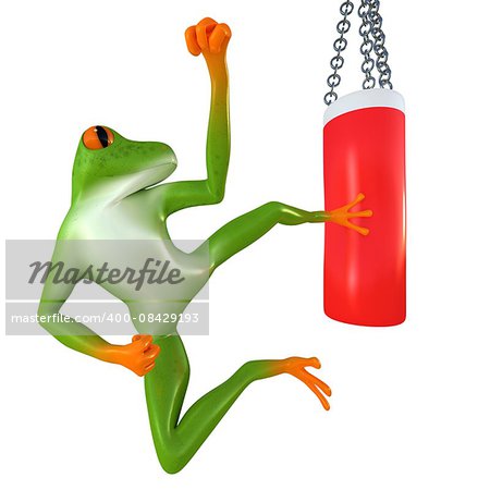 Tropical frog beats on a punching bag, isolated on white background