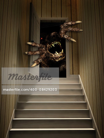Monster in open door. 3d render