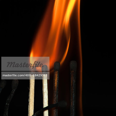 Burning matches on a black background. Bright fire.