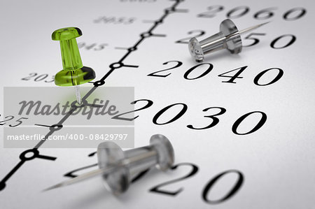 Year 2030 written on a paper with a green pushpin, concept image for business vision or long term prospective. Number two thousand thirty.