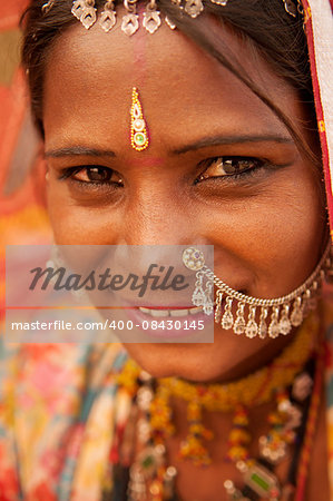 Portrait of traditional Indian Rajasthani woman, India people.
