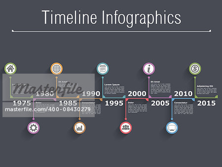 Horizontal timeline infographics with text, dates and icons, dark background, vector eps10 illustration