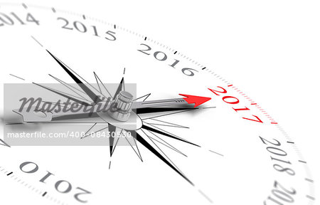 Conceptual compass with needle pointing the year 2017, black and red tones over white background. Concept image for illustration of future and ancipation of two thousand seventeen.
