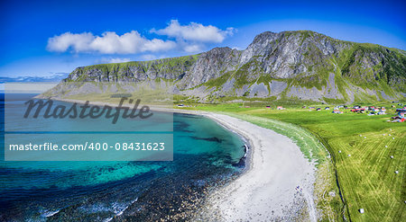 Scenic aerial panorama of beach in Unstad, one of the best beaches on Lofoten islands in Norway, famous surfing spot