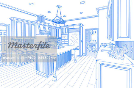 Beautiful Custom Kitchen Design Drawing in Blue on White.